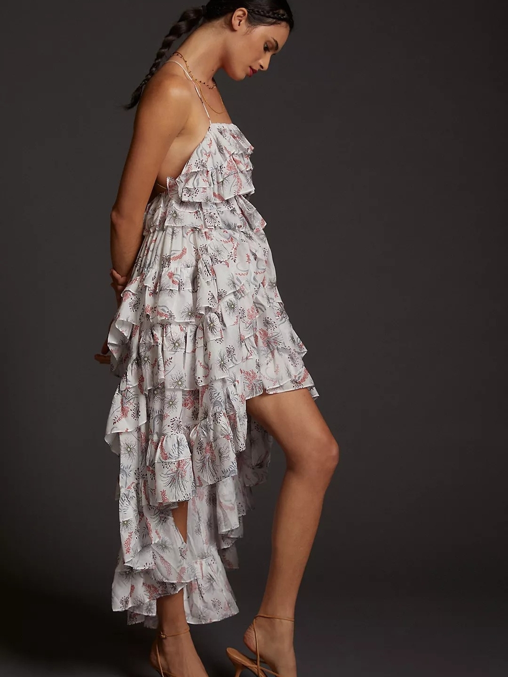Anthropologie Magali Pascal White Floral High-Low Ruffle Dress Size Xs